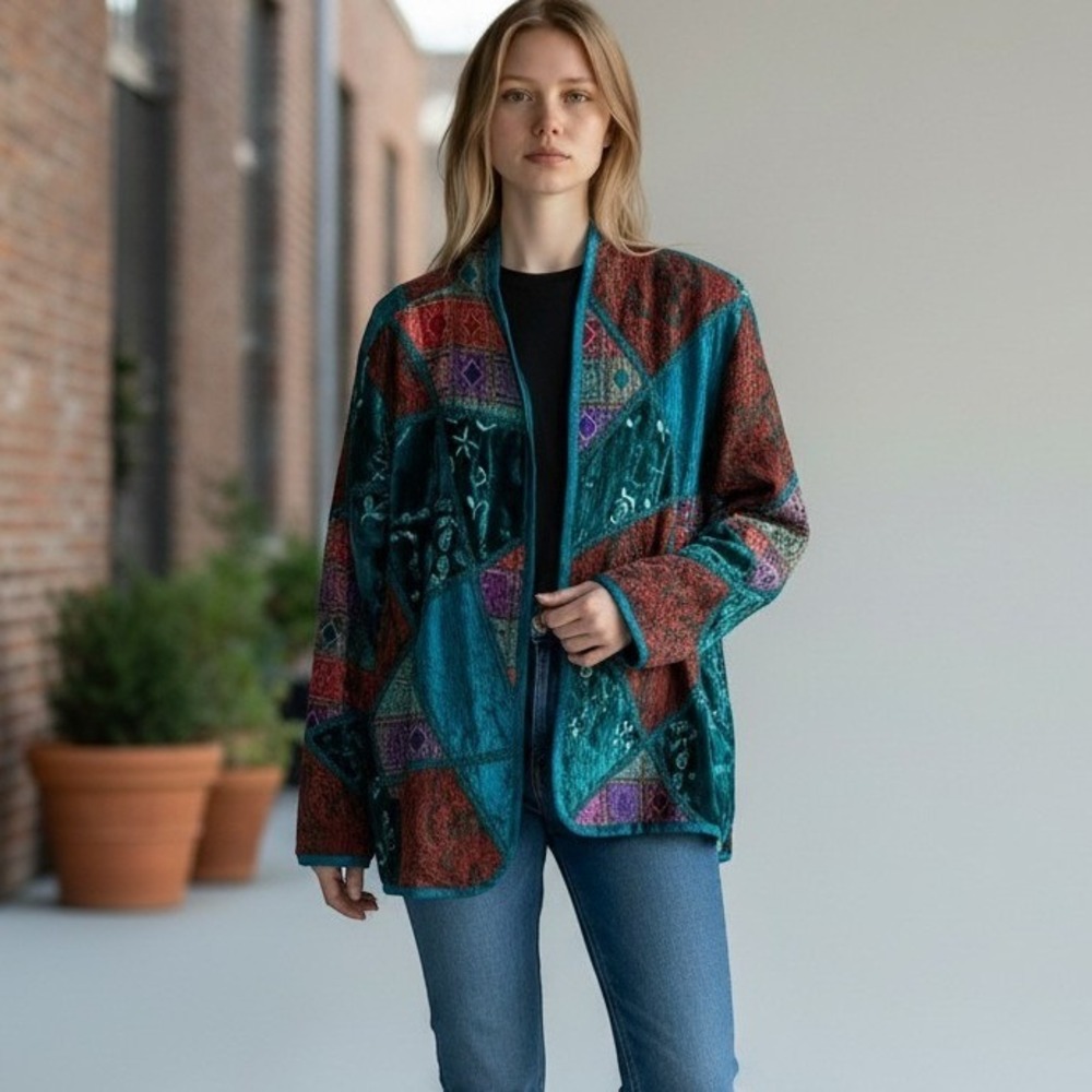 Anu Patchwork Velvet Wool Silk Blend Jacket Teal Multi XL Open Front PaislY BOHO